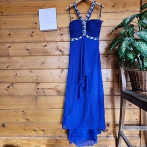 Anny Lee Formal Prom Gown Maxi Dress Royal Blue Chiffon Drape Beaded Sequin Sz L